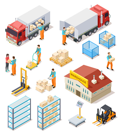 Delivery isometric. Logistic, distribution warehouse, truck with people workers carrying boxes package. 3d cargo industry vector set
