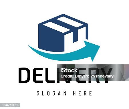 istock delivery logo isolated on white. delivery vector logo with parcel box and arrow. delivery logo for your buisness design 1346901985