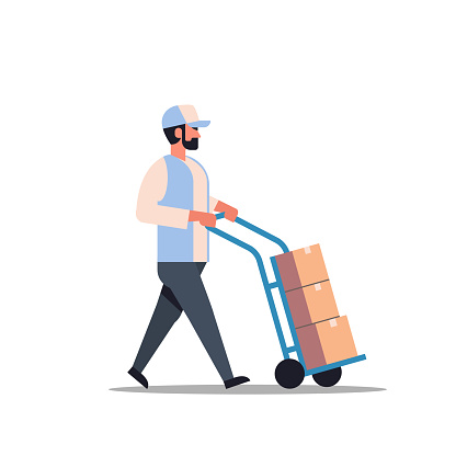 delivery man rolling cardboard box cargo trolley pushcart courier carrying parcels on hand truck warehouse worker male cartoon character full length flat isolated