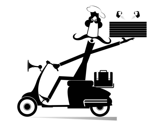 Delivery man with boxes of food drives a scooter illustration vector art illustration