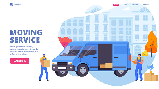 Delivery men moving boxes to a new apartment. Moving service, delivery service, relocation concept. Courier Flat vector illustration. Web site, landing page, banner, hero image.