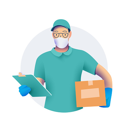 Delivery men or courier in protective medical face mask with a box in his hands.  and protective gloves. Delivery of goods during the prevention of coronovirus concept. Vector illustration.