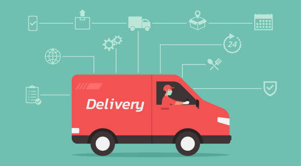 Delivery of goods concept, man drives van vector art illustration