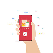 Food delivery application on phone. Fast food and menu order. Hand holding smartphone with food delivery app. Flat style vector illustration. Restaurant or fastfood delivery banner.