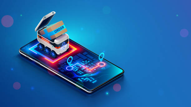 Delivery robot shipping order in a cardboard box. Small Autonomous shipping vehicle of purchase to specified location on map of phone. Robotic delivery online service. Isometric vector concept. vector art illustration