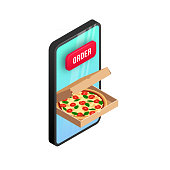 Online fast food ordering isometric concept. 3d pizza in box, button order on smartphone screen isolated on white. Delivery service vector illustration for web, advert, italian menu, mobile app