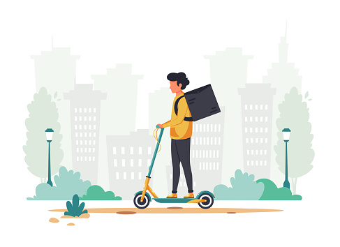 Delivery service. Courier character riding by electrical scooter. Eco transport concept. Vector illustration