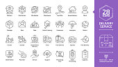 Delivery service editable stroke outline icon set with fast express package shipping, quick courier, cargo truck and van speed transport, parcel warehouse and food export silhouette line sign.