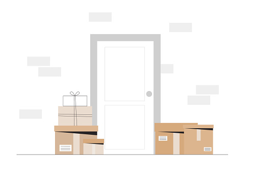 Delivery service, fast and free shipping. Courier left the delivery box at the door of the house. Flat style vector illustration.