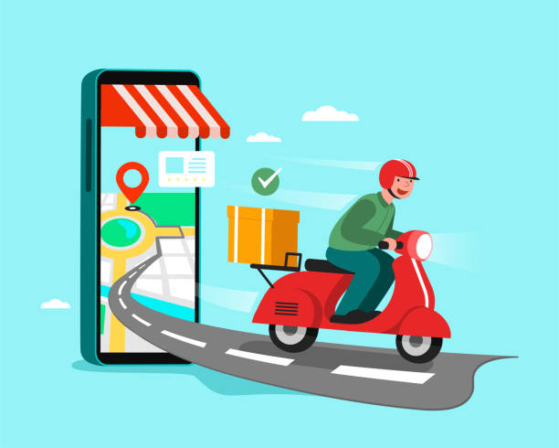 Delivery Staff Ride Motorcycles , shopping concept. vector art illustration