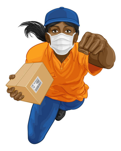 Delivery Superhero Delivering Package Parcel Box A courier delivery superhero woman wearing a PPE mask and delivering a package parcel box while flying through the air black superwoman stock illustrations