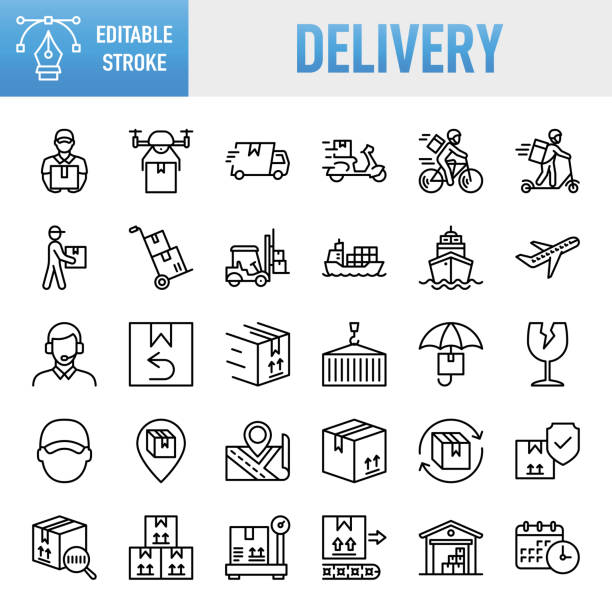 Delivery - Thin line vector icon set. Pixel perfect. Editable stroke. For Mobile and Web. The set contains icons: E-commerce, Online Shopping, Delivering, Freight Transportation, Shipping, Package, Speed, Container, Box - Container, Cargo Container Delivery - Thin line vector icon set. 30 linear icon. Pixel perfect. Editable stroke. For Mobile and Web. The set contains icons: E-commerce, Online Shopping, Delivering, Freight Transportation, Shipping, Package, Speed, Container, Box - Container, Cargo Container, Distribution Warehouse, Warehouse, Delivery Person icon set stock illustrations