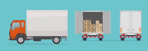 Delivery truck isolated on blue background. Side and  back view. Delivery truck isolated on blue background. Side and  back view. Transport services, logistics and freight of goods. Flat style, vector illustration. truck stock illustrations