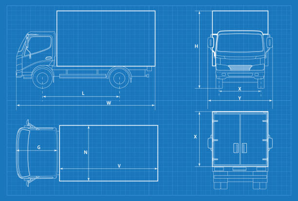 Delivery truck schematic or VAN car blueprint. Vector illustration. Truck car in outline. Business vehicle template vector. View front, rear, side, top Delivery truck schematic or VAN car blueprint. Vector illustration. Truck car in outline. Business vehicle template vector. View front, rear, side, top. truck drawings stock illustrations
