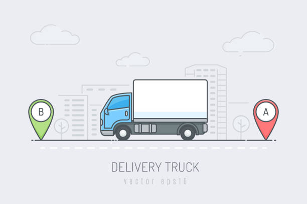 Delivery Truck Blue delivery truck vehicle traveling route with red and green location marker in the city . Vector illustration in line art drawing style road drawings stock illustrations