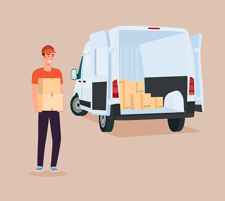 Delivery worker loads boxes in a cargo van. Vector illustration.