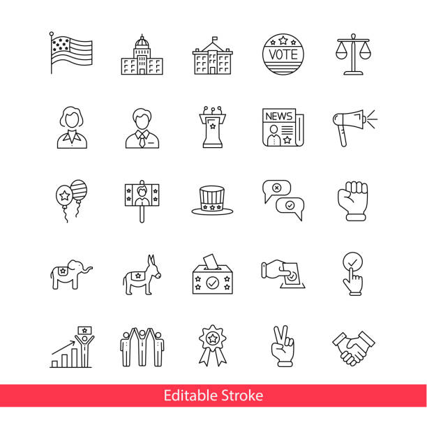 민주주의와 정치적 자유 라인 아이콘 세트. 편집 가능한 스트로크 - 정치 stock illustrations
