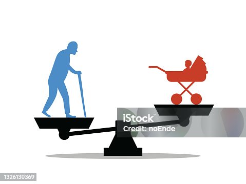istock Demographic problems, the aging of the nation, the increase in the old population, the declining birth rate, the death rate is dominated by the birth rate. The problem of births and deaths. Vector 1326130369