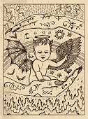Demon child. Mystic concept for Lenormand oracle tarot card. Vector engraved illustration. Fantasy line art drawing and tattoo sketch. Gothic, occult and esoteric background