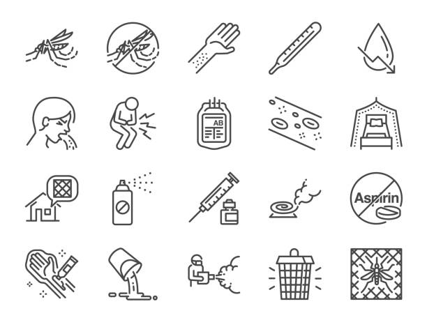 Dengue Fever line icon set. Included the icons as dengue virus, mosquito killer, Insect repellent, prevention, mosquito net and more.  Smoking Kills stock illustrations