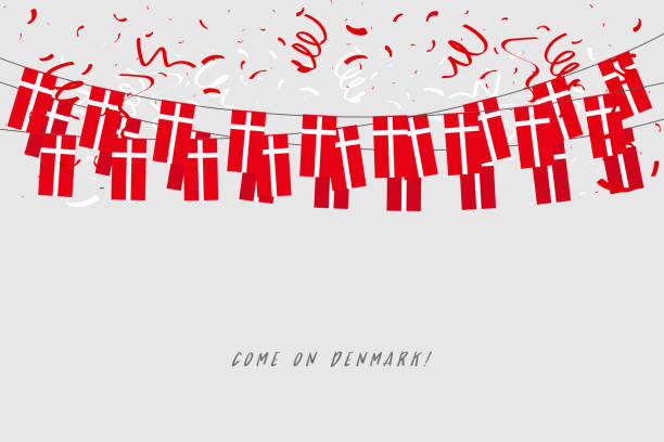 ilustrações de stock, clip art, desenhos animados e ícones de denmark garland flag with confetti on gray background, hang bunting for denmark celebration template banner. - denmark
