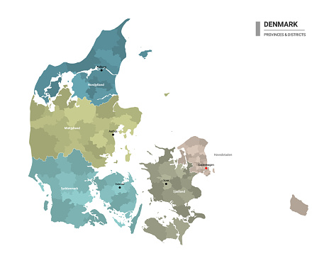 Denmark higt detailed map with subdivisions. Administrative map of Denmark with districts and cities name, colored by states and administrative districts. Vector illustration.