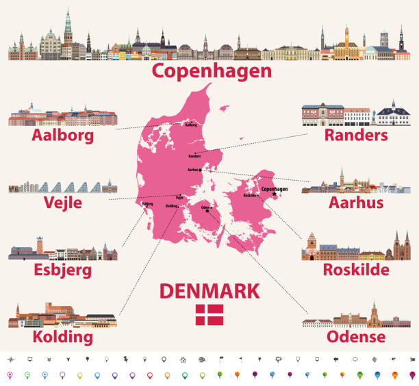 illustrations, cliparts, dessins animés et icônes de carte du danemark avec illustration vectorielle des principaux horizons des villes - vejle