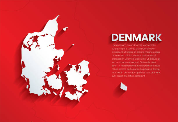 Denmark Map with shadow. Cut paper isolated on a red background. Vector illustration. map, country, 3d, state, europe denmark stock illustrations