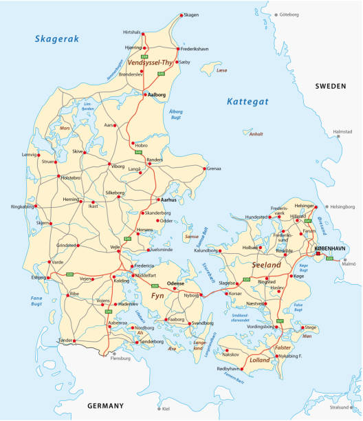 Denmark road map Denmark road vector map jutland stock illustrations