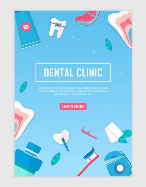 Dental Clinic web page template or banner Dental Clinic web page template or banner with dentistry accessories forming a frame around central text on blue, colored vector illustration laboratory borders stock illustrations