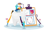 istock Dental Health Care, Oral Treatment Program, Check Up Concept. Tiny Doctor Dentists Characters in Medical Robe Use Tools 1274273995