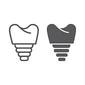 Dental implant line and glyph icon, teeth and dentistry, implant tooth sign, vector graphics, a linear pattern on a white background, eps 10.