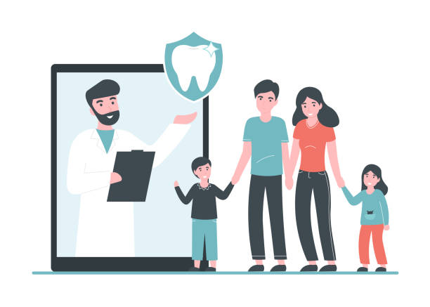 dental insurance concept family Dental insurance and healthcare flat vector concept. Doctor dentist man online and happy healthy family with children. Flat vector Illustration for web page, banner, poster, template, layout. dentist stock illustrations