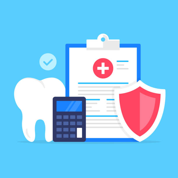 Dental insurance. Vector illustration. Health insurance, healthcare, claim form, coverage, medical care concepts. Modern flat design. Clipboard with medical document, shield, calculator, tooth and check mark Dental insurance. Vector illustration. Health insurance, healthcare, claim form, coverage, medical care concepts. Modern flat design. Clipboard with medical document, shield, calculator, tooth and check mark dental equipment stock illustrations
