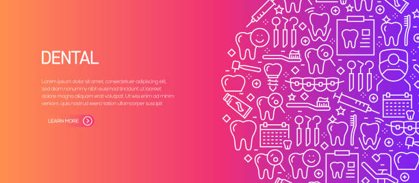 선 아이콘치과 관련 배너 템플릿입니다. 광고, 헤더, 웹 사이트에 대한 현대 벡터 그림. - dentist stock illustrations