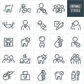 A set of dental icons in outline format. The EPS vector file provided editable strokes or outlines. The icons include a dentist working on the teeth of a patient, a clean tooth, online dentist search, dentist and assistants, smile with sparkling teeth, patient in dental chair, check mark in checkbox, person with a toothache, tooth x-ray, tooth with a cavity, cracked tooth, dental crown, hand holding dental tools, family, hand holding dental syringe, anesthesia, dental implant, dental drill, dental checkup, toothbrush and toothpaste and other related icons.