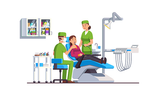 Dentist doctor working with patient lying in dentist's chair examining teeth in open mouth with mirror tool. Assistant holding drill. Woman visiting for medical checkup and procedures. Dentistry clinic interior with equipment. Flat style isolated vector