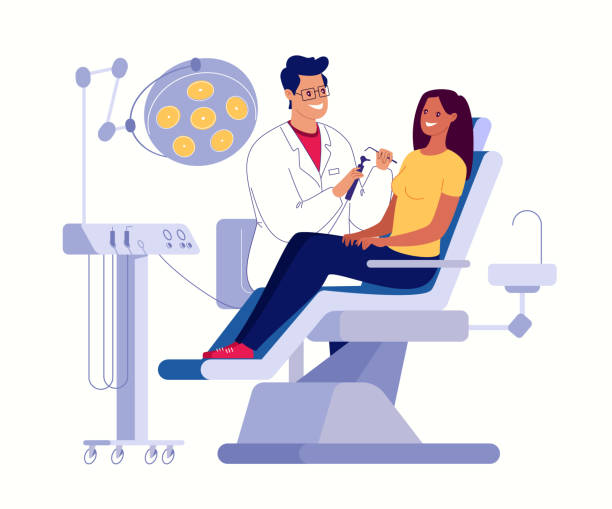 Dentistry and healthcare concept - white healthy teeth, professional dental care. A dentist holds a man with a drill and a probe for treating the patient's teeth. The patient is sitting in the dentist's chair. Dentistry and healthcare concept. Vector flat cartoon illustration. dentist stock illustrations