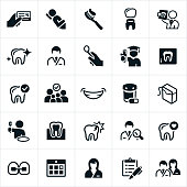 A set of dentistry and orthodontics icons. The icons include dentists, orthodontists, patients, toothbrush, crown, checkup, education, family, smile, medication, floss, brushing teeth, braces, dental assistant, and dental team to name a few.