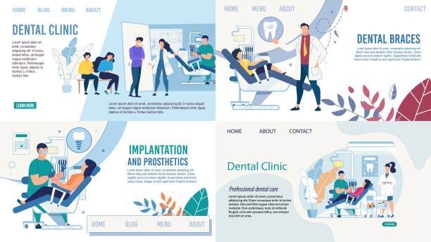 Dentistry Healthcare Services Landing Page Set Stomatology and Dentistry. Tooth Healthcare Services Flat Landing Page Set. Setting Braces, Prosthetics, implantation. Diagnosis and Treatment. Dentist and Patients. Vector Cartoon Illustration dentist stock illustrations