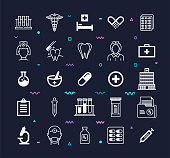 Dentistry licensure degree and exam outline style symbols on dark background. Line vector icons set for infographics, mobile and web designs.