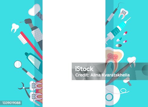 istock Dentistry Stomatology poster,Blue,White Background.Vector illustration.Dental Hygiene Concept Clinic Healthy Clean Teeth,Dental implants,Orthodontic Anchor.Dentist Tools,Equipment.Place for your text 1339019088