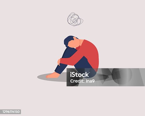 istock Depressed male character sitting on floor and hugging knees, above scribble. Mental health concept. Depression, bipolar disorder, dementia, obsessive compulsive, post traumatic stress disorder. 1296114150