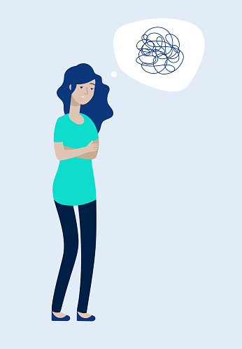 Depressed woman concept. Female feels depression, messy complicated mind, unhappy teen. Solitude grief stress anxiety headache vector