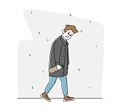 Depression, Alcoholism Addiction Concept. Sad Male Character with Alcohol Bottle Wrapped in Paper Walking under Rain with Unhappy Face. Man Alcoholic, Problems in Life. Linear Vector Illustration