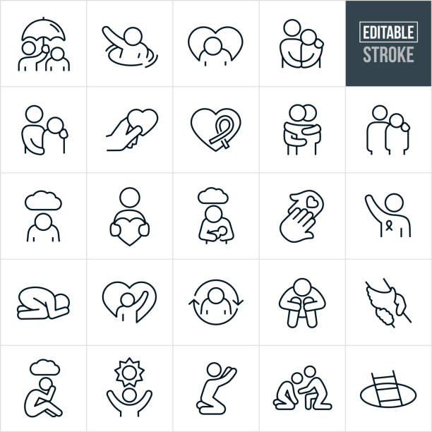 A set of emotional depression icons that include editable strokes or outlines using the EPS vector file. The icons include a depressed person, a sad person reaching for help, a person holding an umbrella over a sad person, a person consoling a depressed person, an arm around the shoulder of an emotionally depressed person, an awareness ribbon, a heart to represent love, a hug, postpartum depression, a caring person, depression cycle, a person reaching to heaven, hope from depression and other related icons.