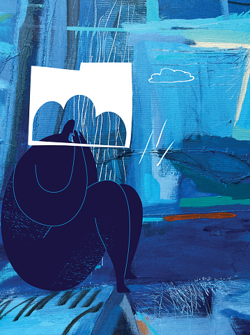 Adult person sitting on the floor with a big cloud over its head. Creative illustration made from putting together detail from abstract acrylic painting as a background and hand drawn doodle elements.