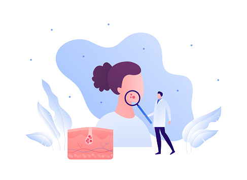 Dermatology and skin health care concept. Vector flat modern illustration. Dermatologist doctor male character hold magnifier glass on female patient head. Acne, cancer, allergy diagnosis symbol.