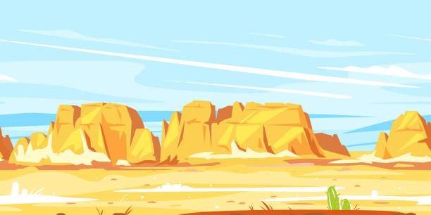 Desert canyon landscape game background Desert landscape with high rocky canyon in the distance in sunny day landscape game background tileable horizontally, arid deserted place without water, wild west concept scenery background desert area backgrounds stock illustrations