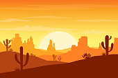 Desert landscape at sunset with cactus and hills silhouettes background - Vector illustration